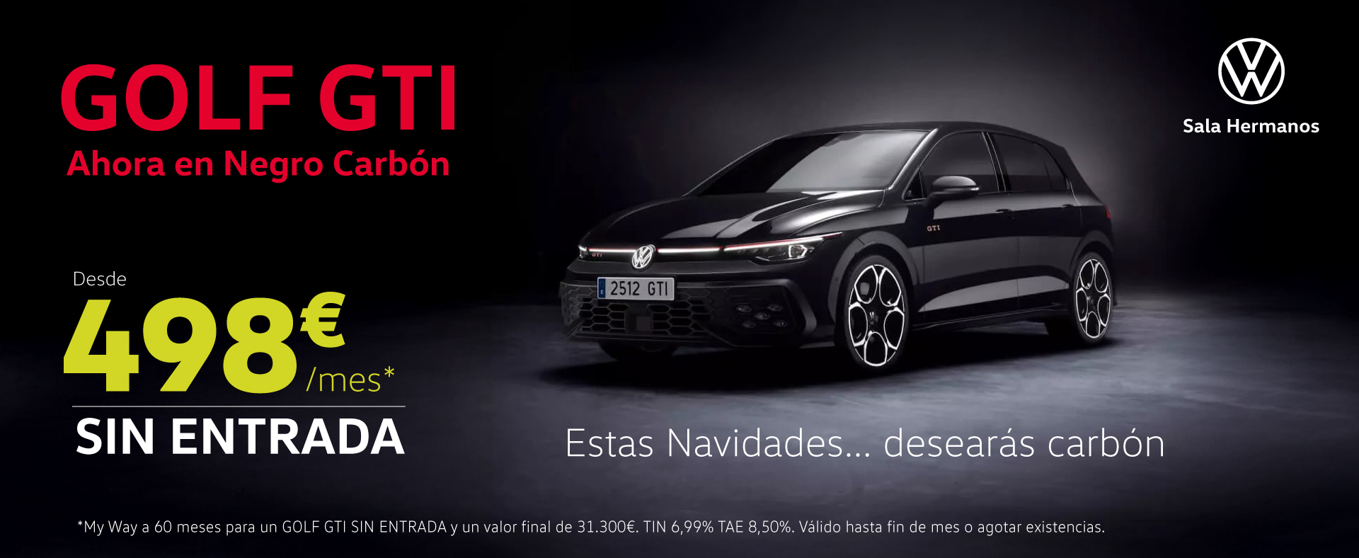 ¡Volkswagen Golf GTI negro carbón por 498€/mes sin entrada!